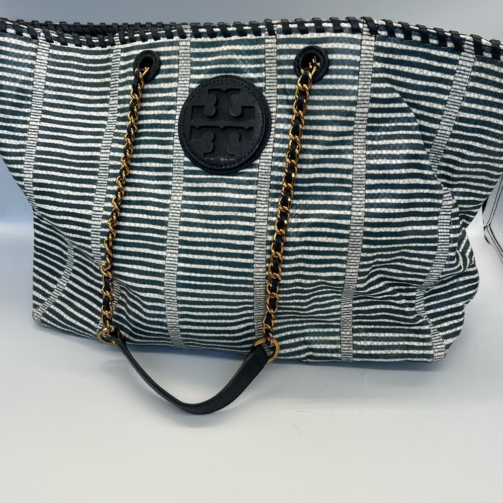 Tory Burch Navy and White Striped Chain-Handle Tote - Picture 2 of 9